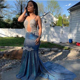 Vestidos de fiesta de sirena con escote en V, sin mangas y hasta el suelo con lentejuelas brillantes